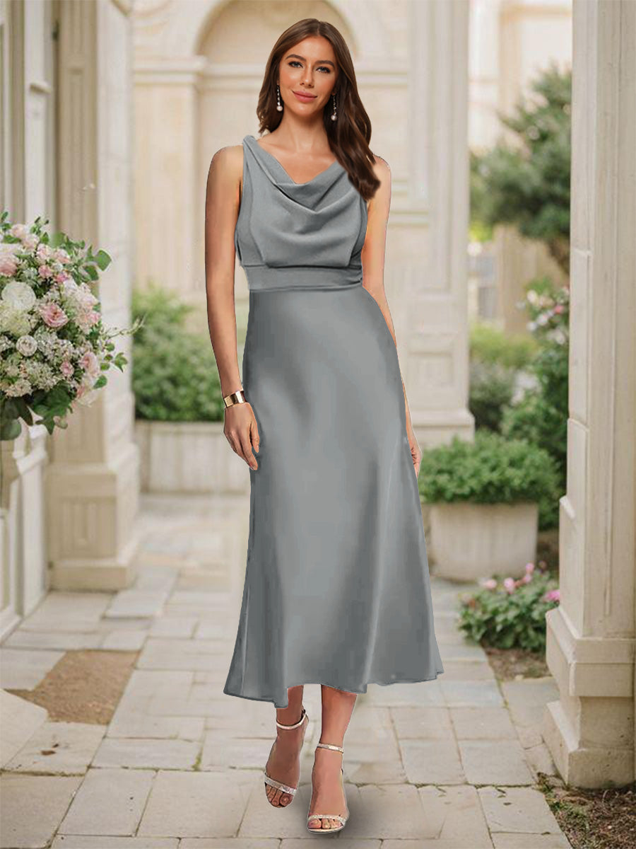 Trumpet/Mermaid Cowl Neck Sleeveless Tea-Length Ruched Bridesmaid Dresses Gray