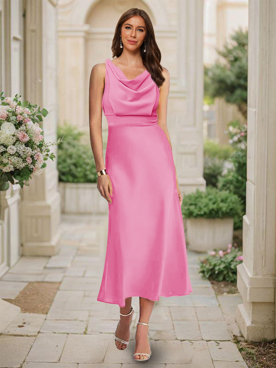 Trumpet/Mermaid Cowl Neck Sleeveless Tea-Length Ruched Bridesmaid Dresses Hot Pink