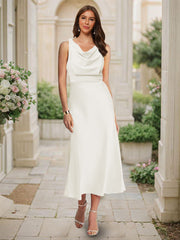 Trumpet/Mermaid Cowl Neck Sleeveless Tea-Length Ruched Bridesmaid Dresses Ivory