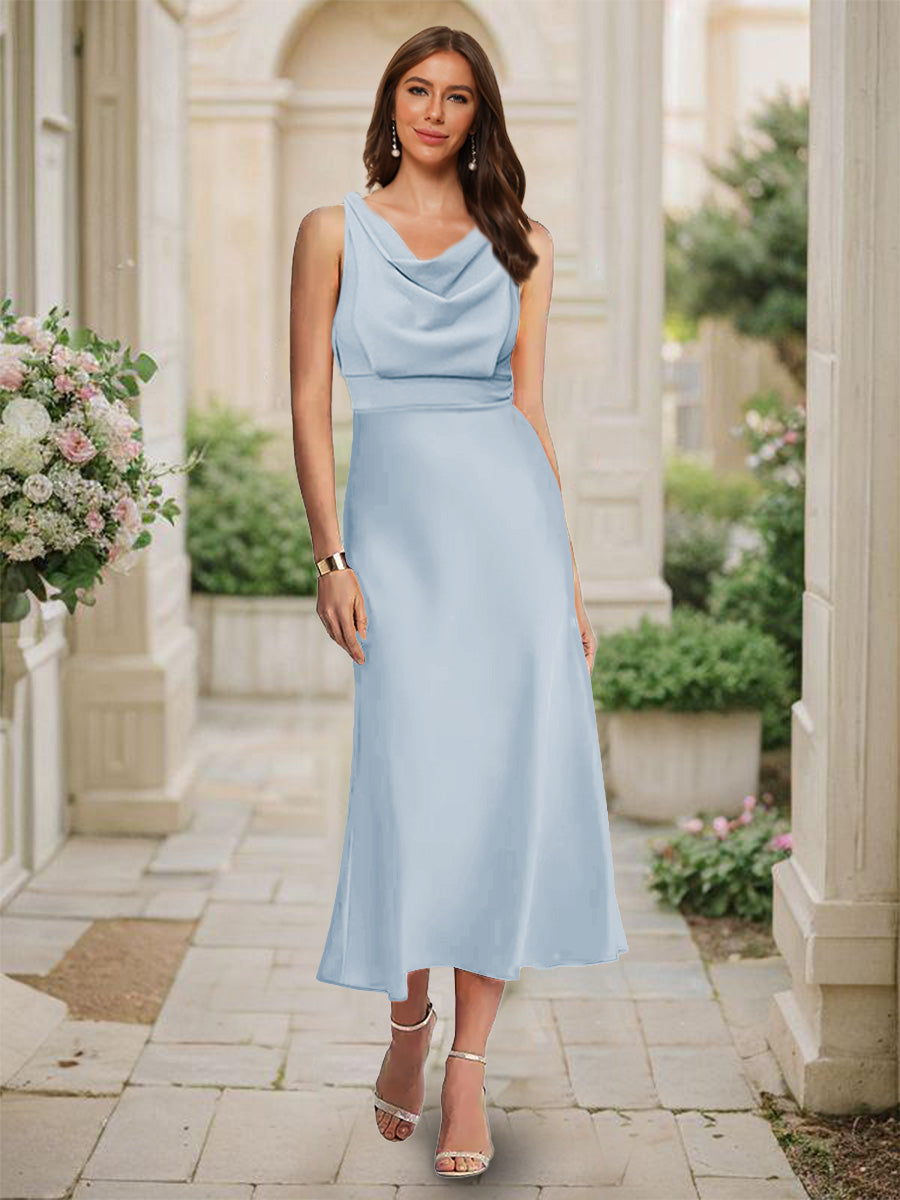 Trumpet/Mermaid Cowl Neck Sleeveless Tea-Length Ruched Bridesmaid Dresses Lavender