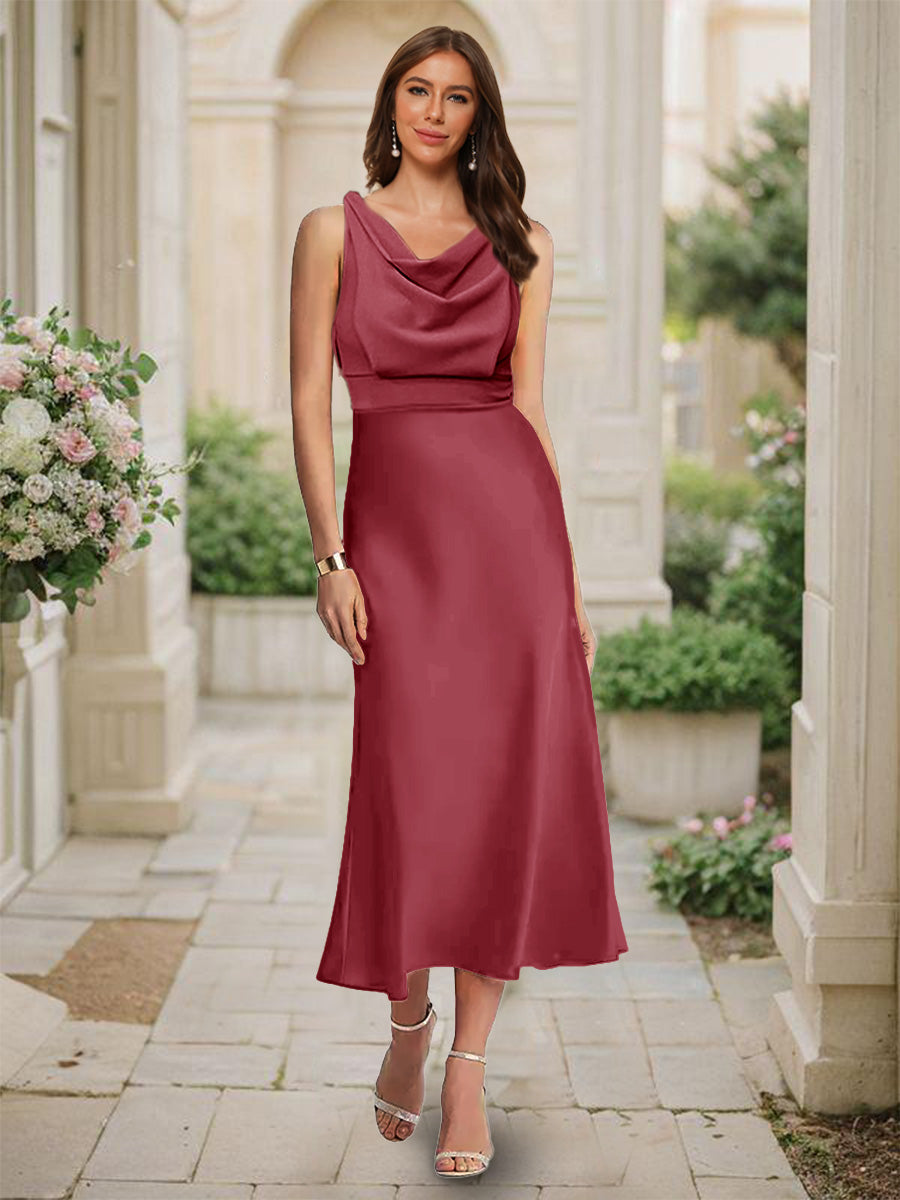 Trumpet/Mermaid Cowl Neck Sleeveless Tea-Length Ruched Bridesmaid Dresses Light Burgundy