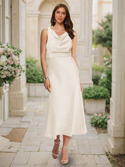 Trumpet/Mermaid Cowl Neck Sleeveless Tea-Length Ruched Bridesmaid Dresses Light Champagne