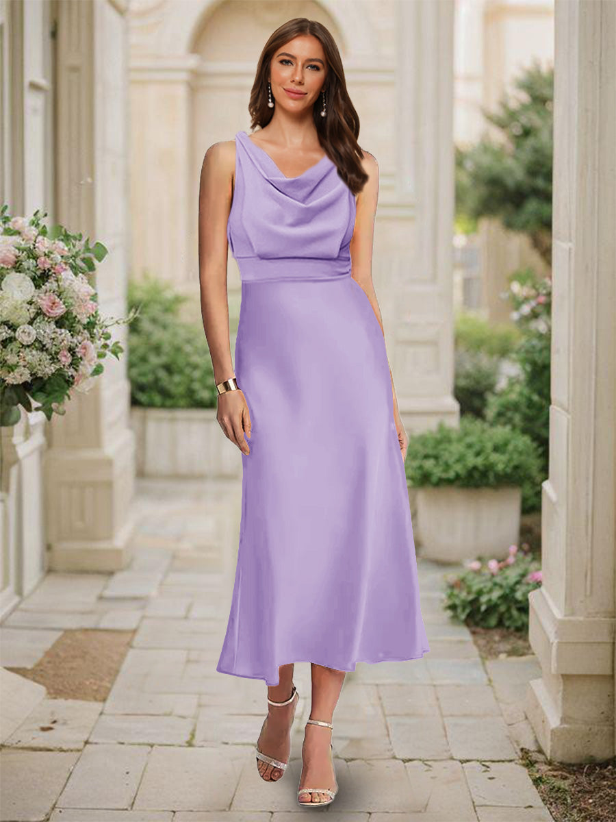 Trumpet/Mermaid Cowl Neck Sleeveless Tea-Length Ruched Bridesmaid Dresses Light Purple