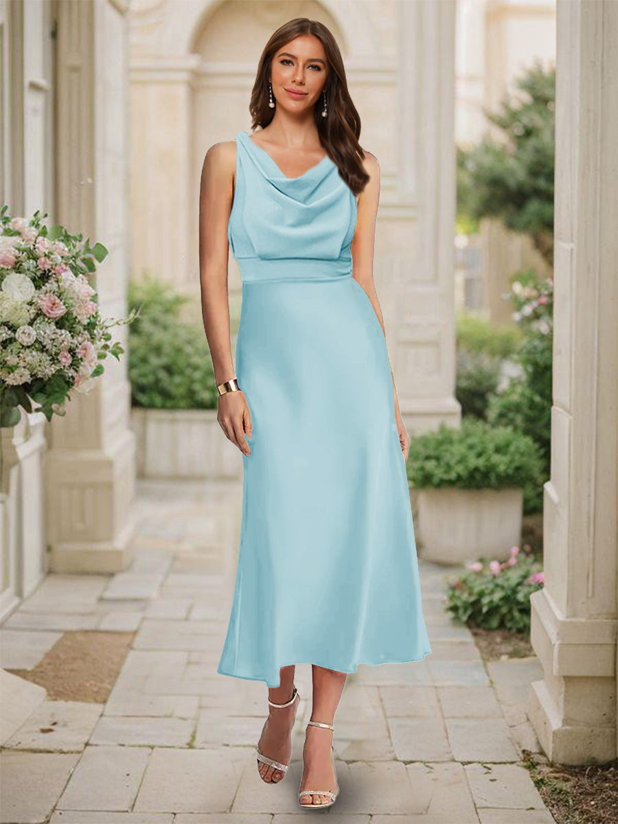 Trumpet/Mermaid Cowl Neck Sleeveless Tea-Length Ruched Bridesmaid Dresses Light Sky Blue
