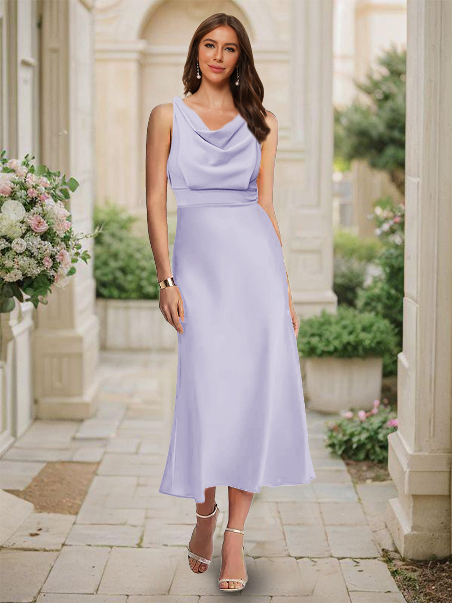 Trumpet/Mermaid Cowl Neck Sleeveless Tea-Length Ruched Bridesmaid Dresses Lilac