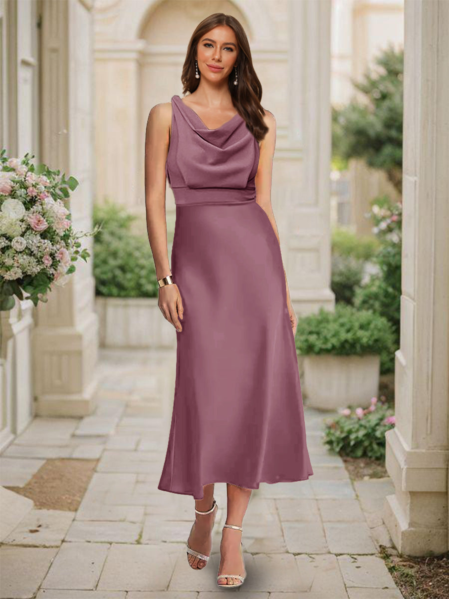 Trumpet/Mermaid Cowl Neck Sleeveless Tea-Length Ruched Bridesmaid Dresses Mulberry