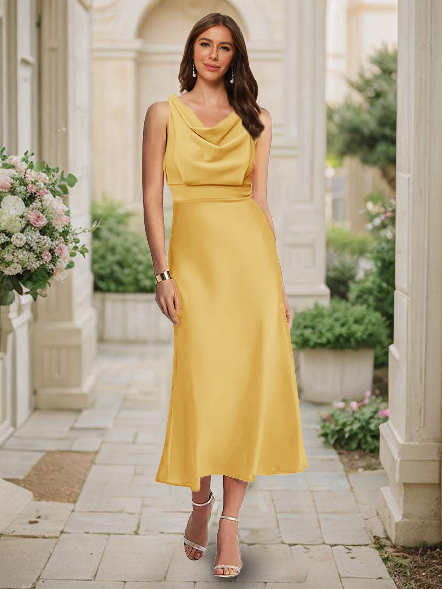 Trumpet/Mermaid Cowl Neck Sleeveless Tea-Length Ruched Bridesmaid Dresses Mustard Yellow