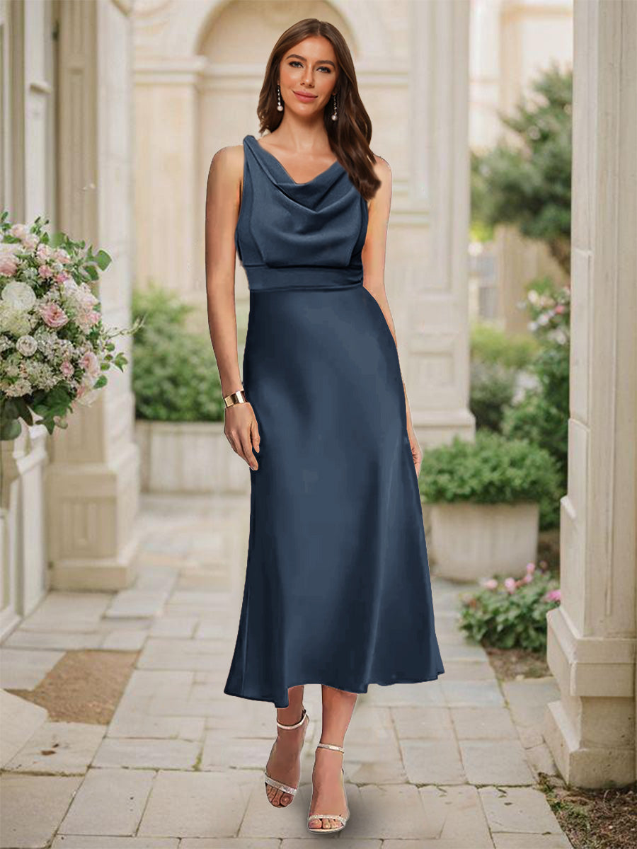 Trumpet/Mermaid Cowl Neck Sleeveless Tea-Length Ruched Bridesmaid Dresses Navy Blue
