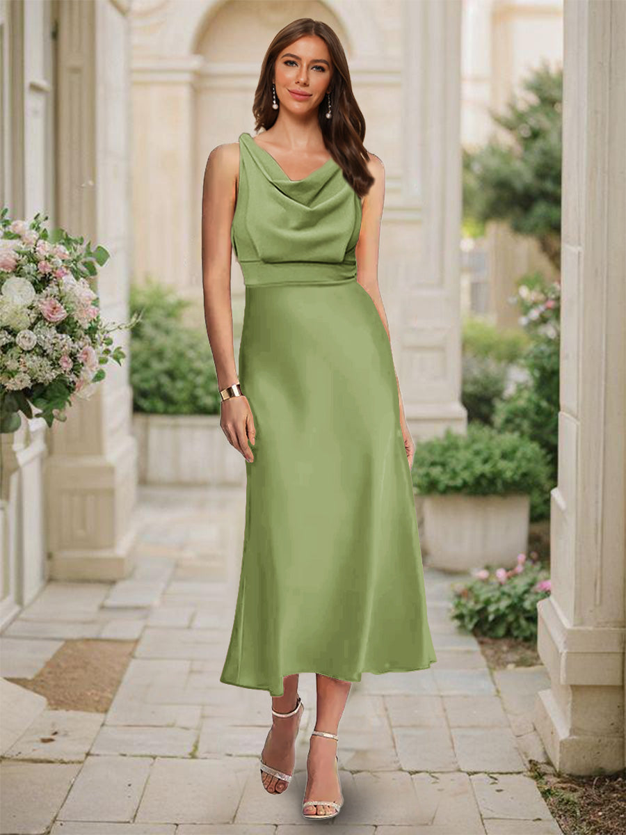 Trumpet/Mermaid Cowl Neck Sleeveless Tea-Length Ruched Bridesmaid Dresses Olive Green
