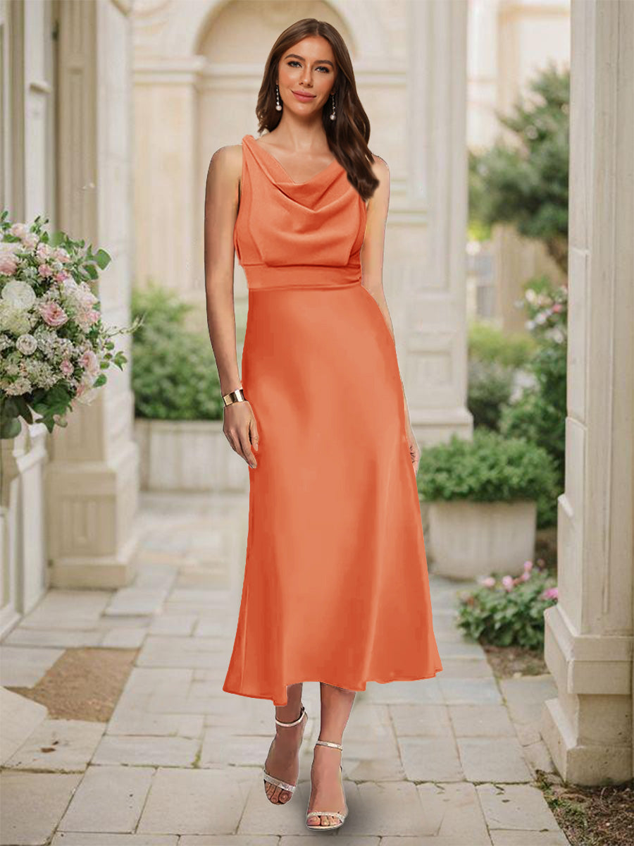Trumpet/Mermaid Cowl Neck Sleeveless Tea-Length Ruched Bridesmaid Dresses Orange