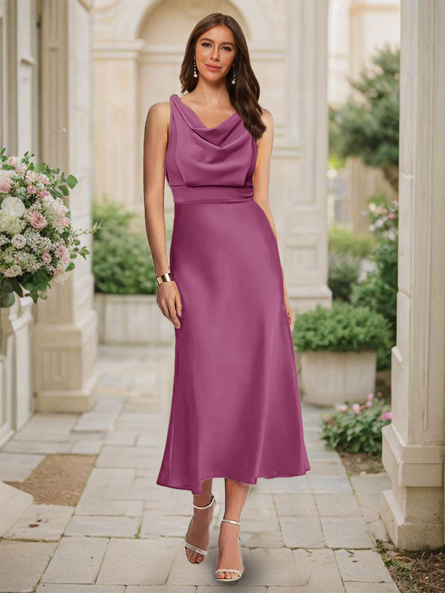Trumpet/Mermaid Cowl Neck Sleeveless Tea-Length Ruched Bridesmaid Dresses Orchid