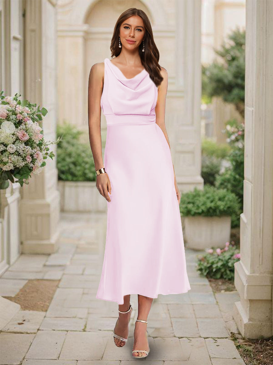 Trumpet/Mermaid Cowl Neck Sleeveless Tea-Length Ruched Bridesmaid Dresses Pink