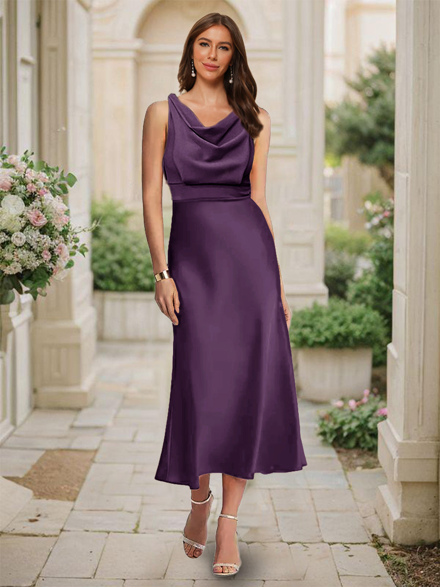 Trumpet/Mermaid Cowl Neck Sleeveless Tea-Length Ruched Bridesmaid Dresses Plum