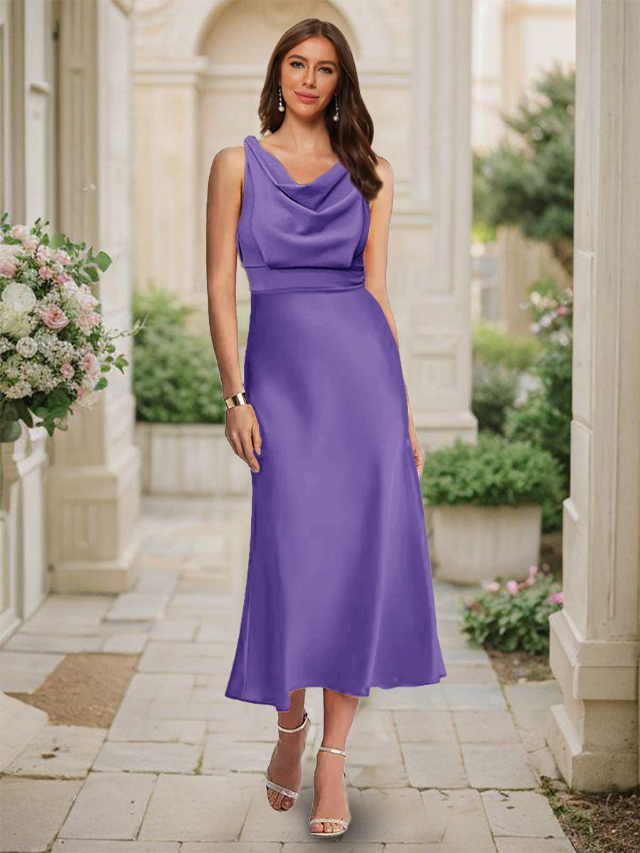 Trumpet/Mermaid Cowl Neck Sleeveless Tea-Length Ruched Bridesmaid Dresses Purple
