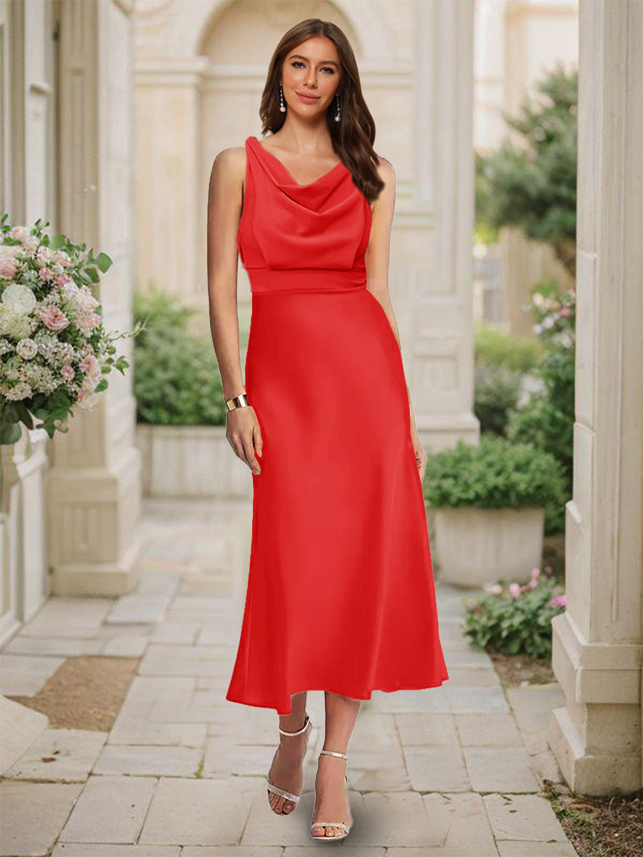 Trumpet/Mermaid Cowl Neck Sleeveless Tea-Length Ruched Bridesmaid Dresses Red