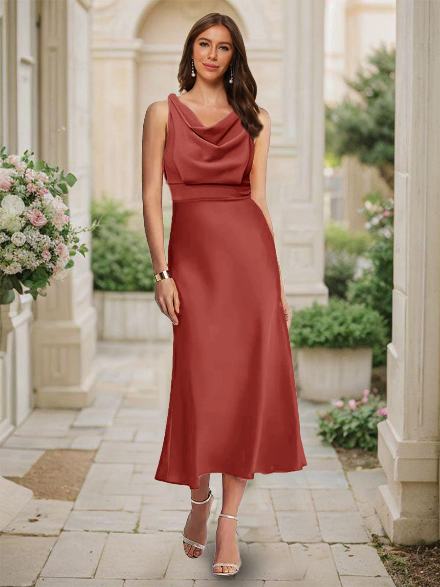 Trumpet/Mermaid Cowl Neck Sleeveless Tea-Length Ruched Bridesmaid Dresses Rust