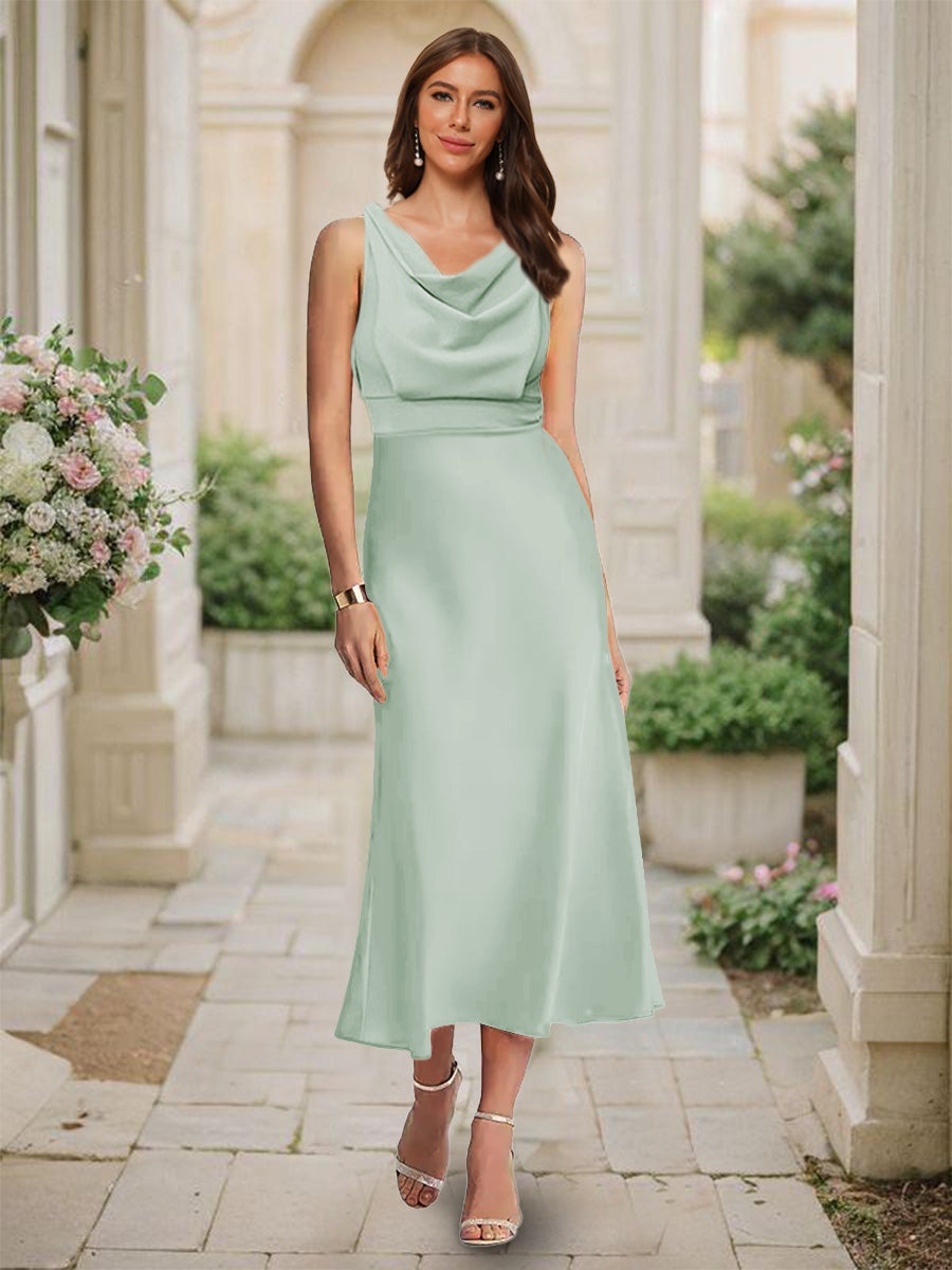Trumpet/Mermaid Cowl Neck Sleeveless Tea-Length Ruched Bridesmaid Dresses Sage