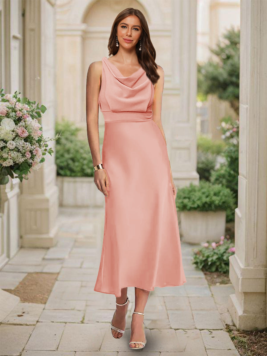 Trumpet/Mermaid Cowl Neck Sleeveless Tea-Length Ruched Bridesmaid Dresses Salmon