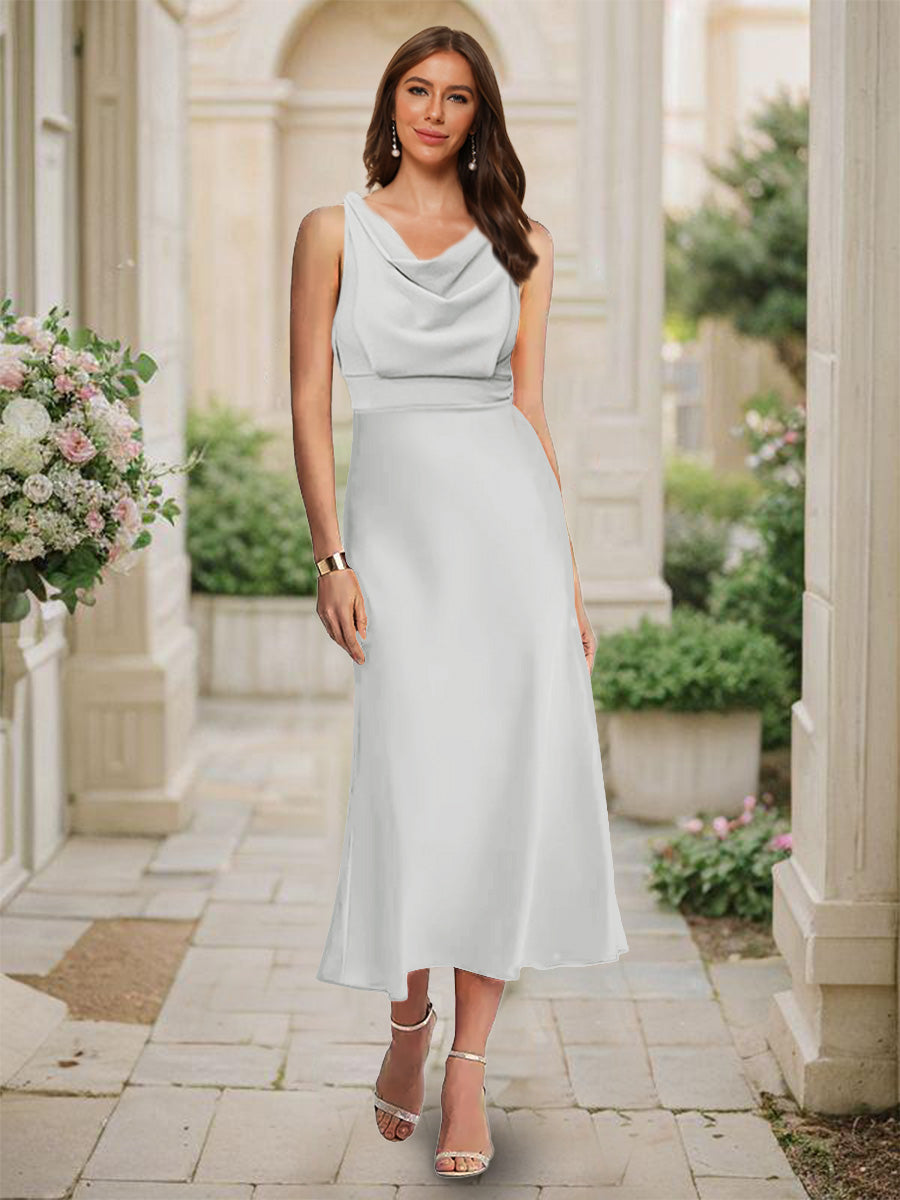Trumpet/Mermaid Cowl Neck Sleeveless Tea-Length Ruched Bridesmaid Dresses Silver