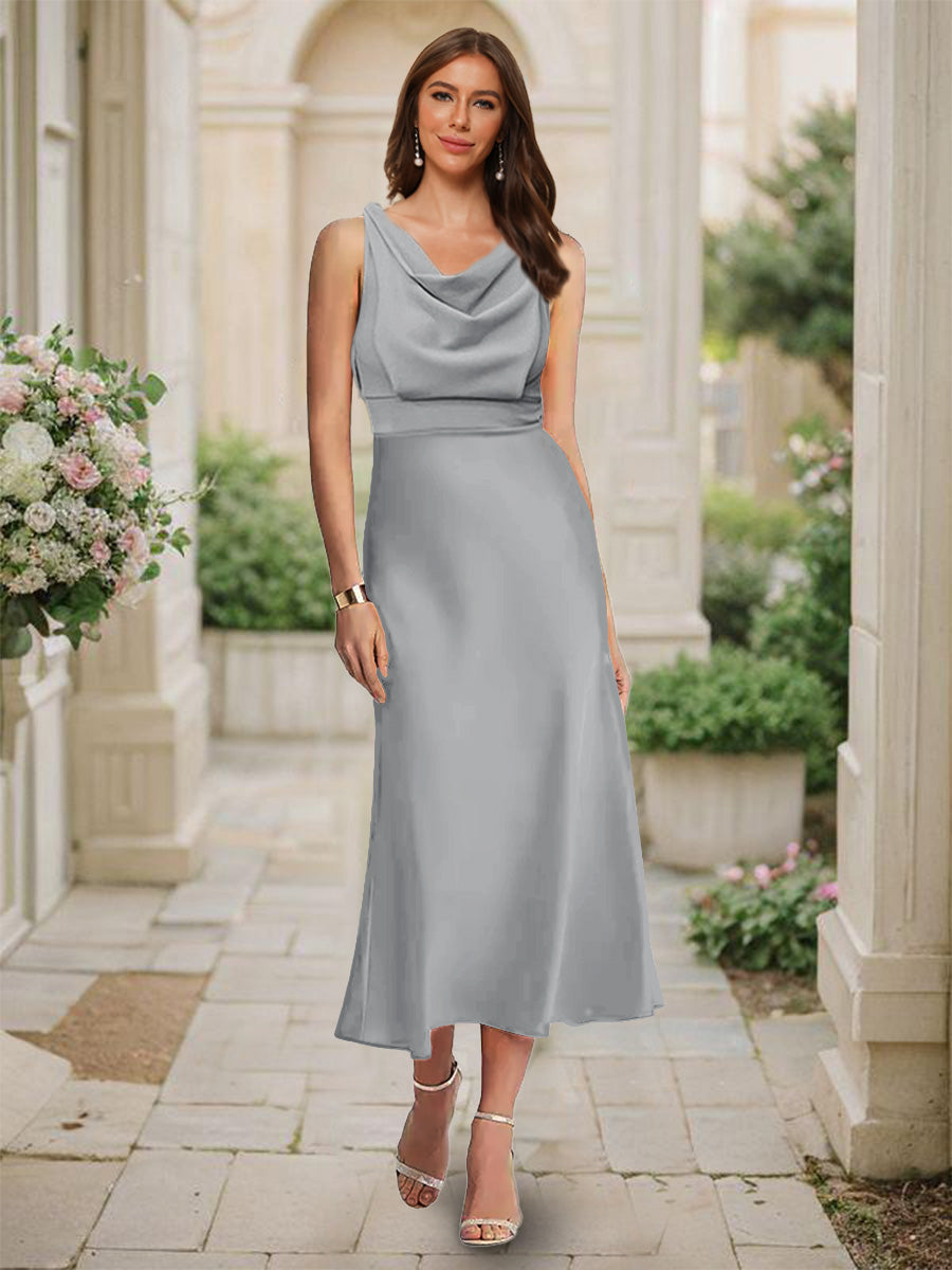 Trumpet/Mermaid Cowl Neck Sleeveless Tea-Length Ruched Bridesmaid Dresses Silver Gray