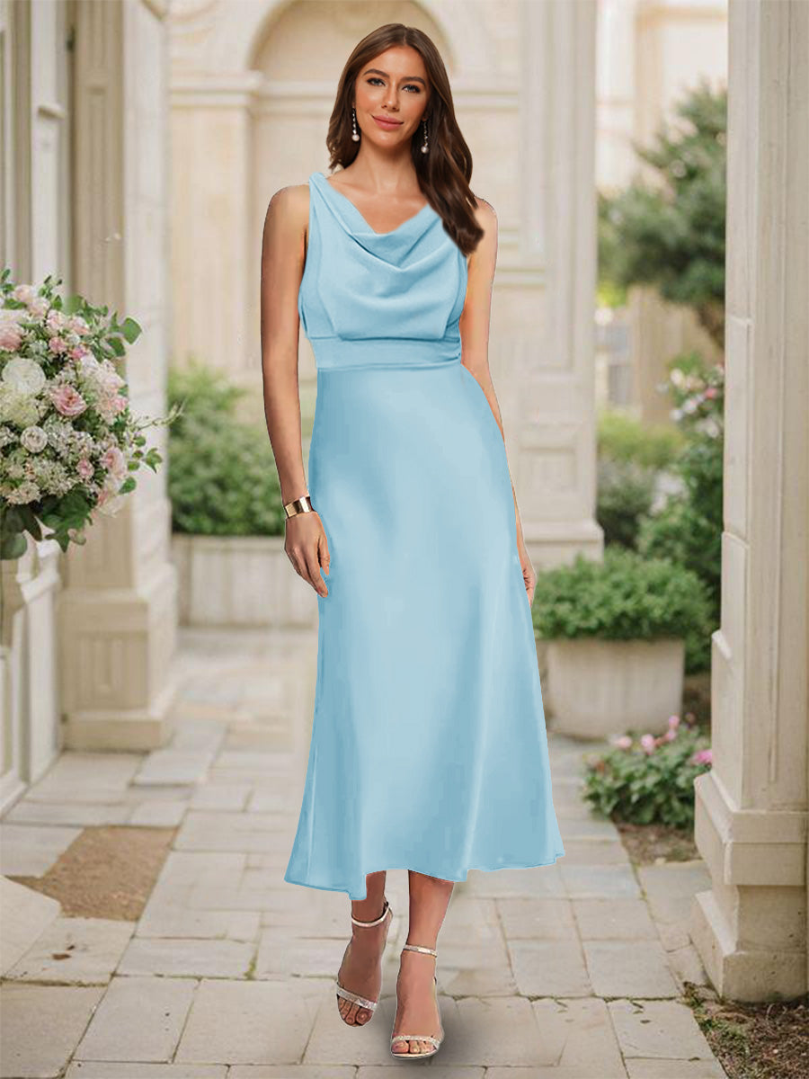 Trumpet/Mermaid Cowl Neck Sleeveless Tea-Length Ruched Bridesmaid Dresses Sky Blue