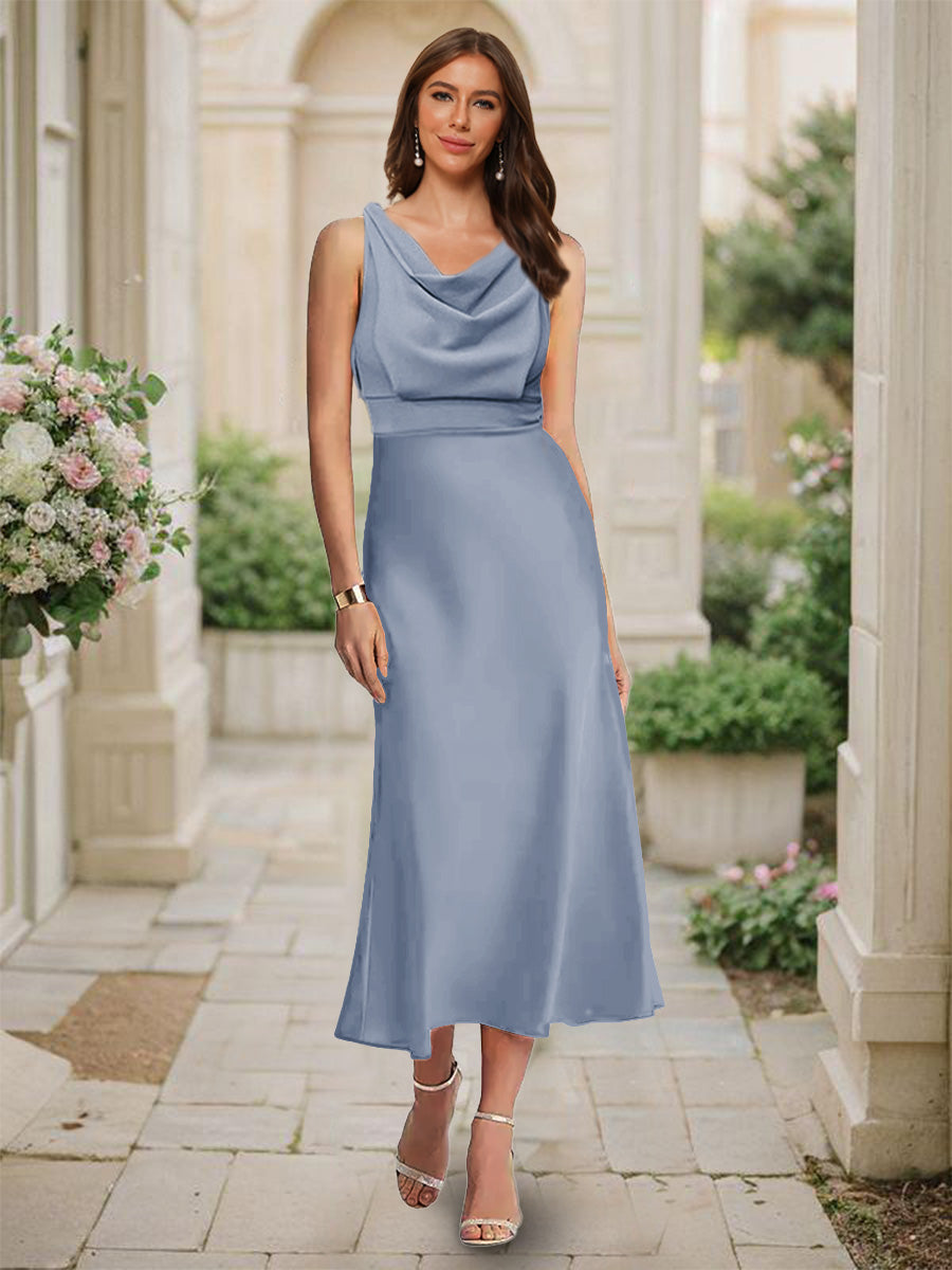 Trumpet/Mermaid Cowl Neck Sleeveless Tea-Length Ruched Bridesmaid Dresses Steel Blue