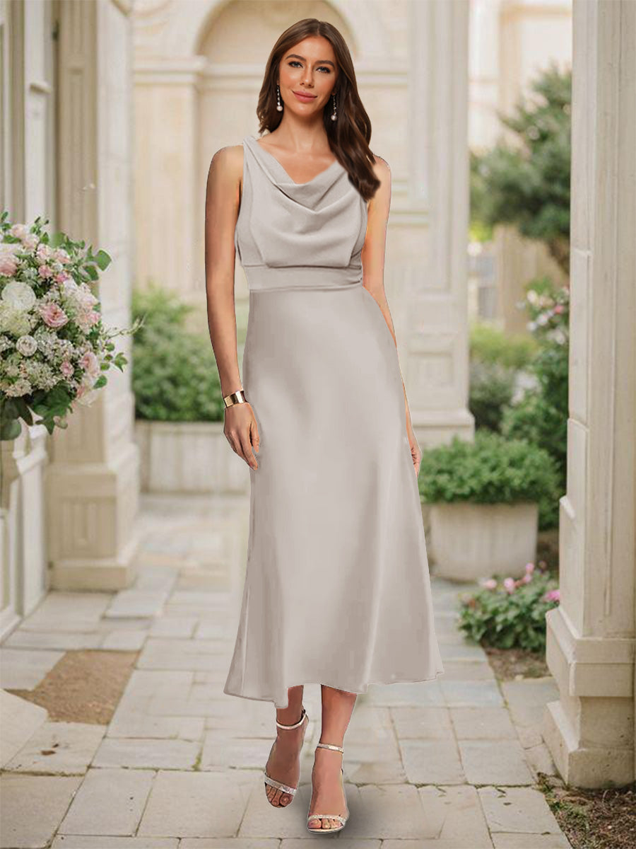 Trumpet/Mermaid Cowl Neck Sleeveless Tea-Length Ruched Bridesmaid Dresses Taupe