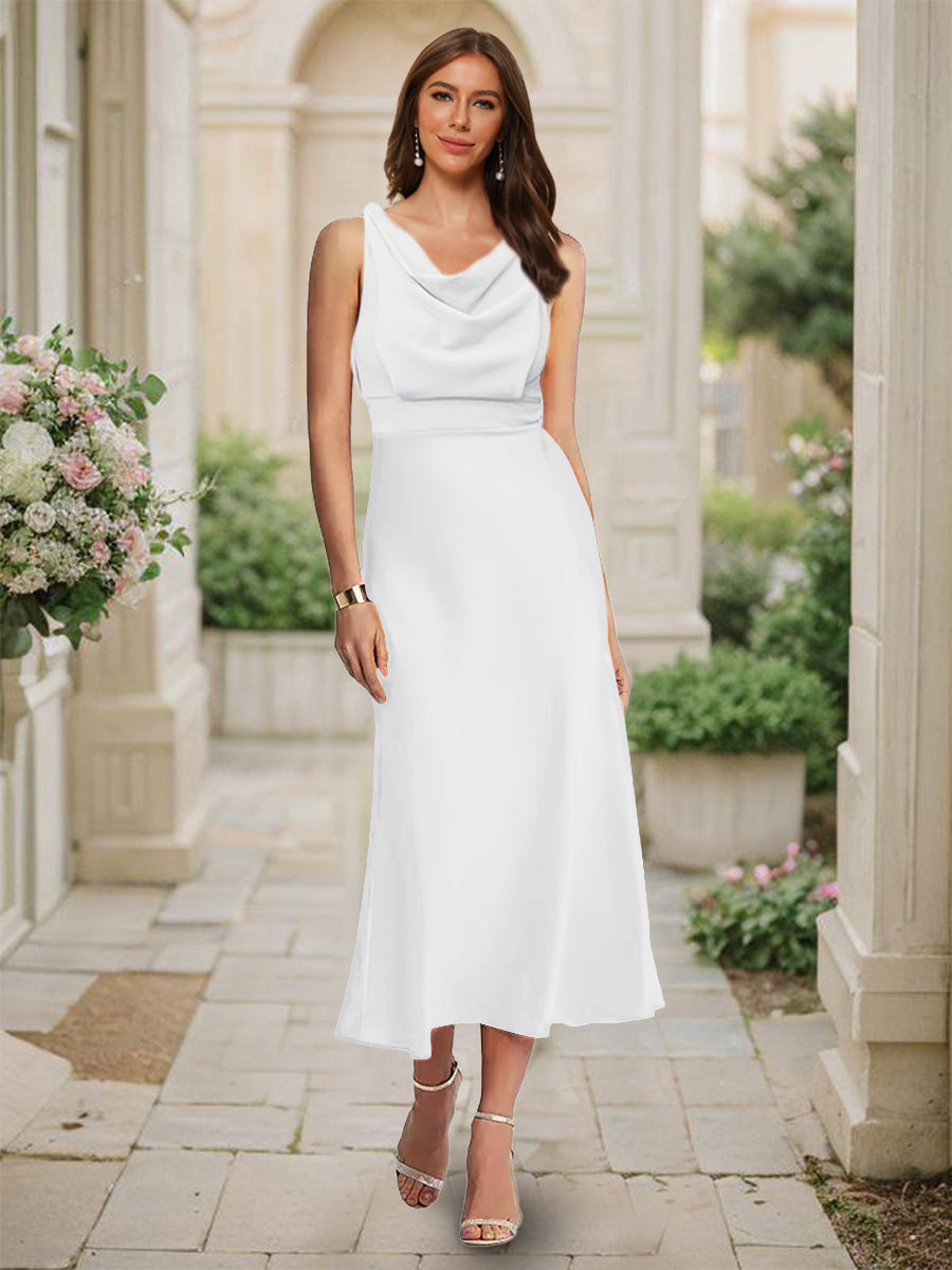 Trumpet/Mermaid Cowl Neck Sleeveless Tea-Length Ruched Bridesmaid Dresses White