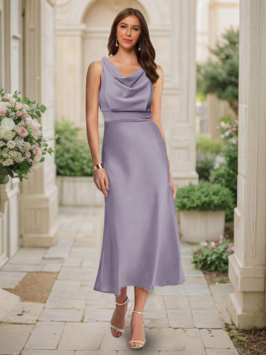 Trumpet/Mermaid Cowl Neck Sleeveless Tea-Length Ruched Bridesmaid Dresses Wisteria