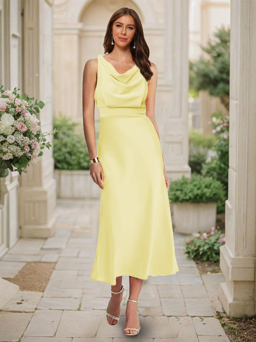 Trumpet/Mermaid Cowl Neck Sleeveless Tea-Length Ruched Bridesmaid Dresses Yellow