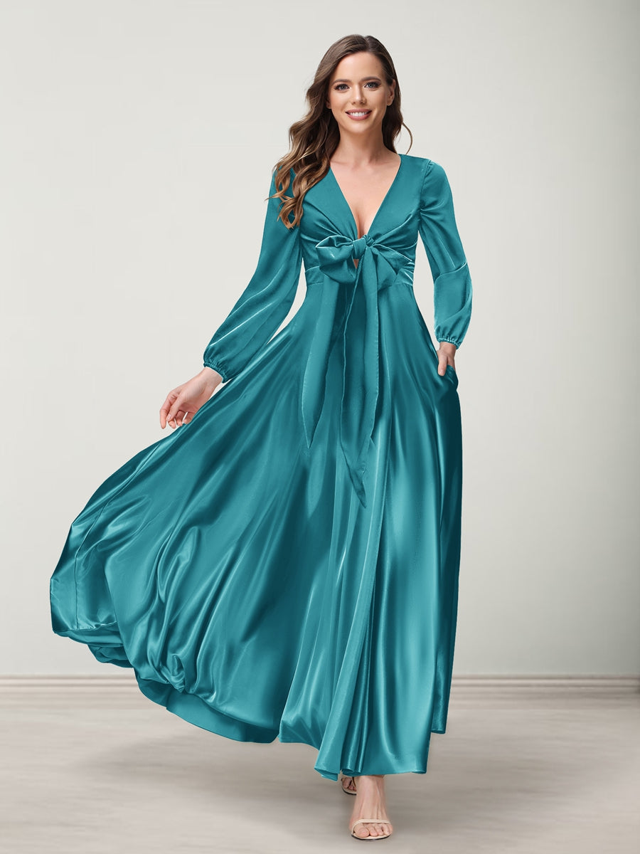A-Line/Princess V-Neck Long Sleeves Bridesmaid Dresses with Pockets Aqua Blue