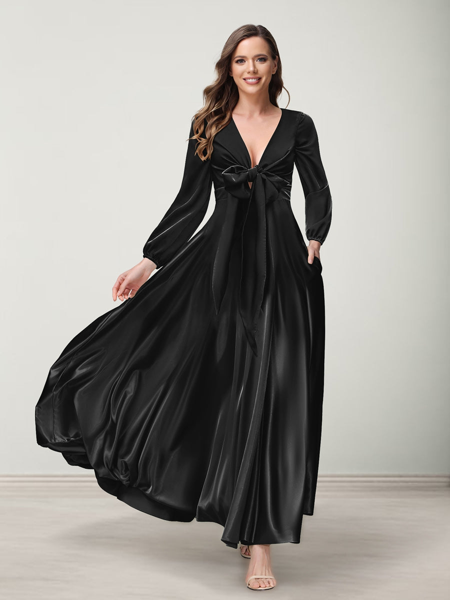 A-Line/Princess V-Neck Long Sleeves Bridesmaid Dresses with Pockets Black