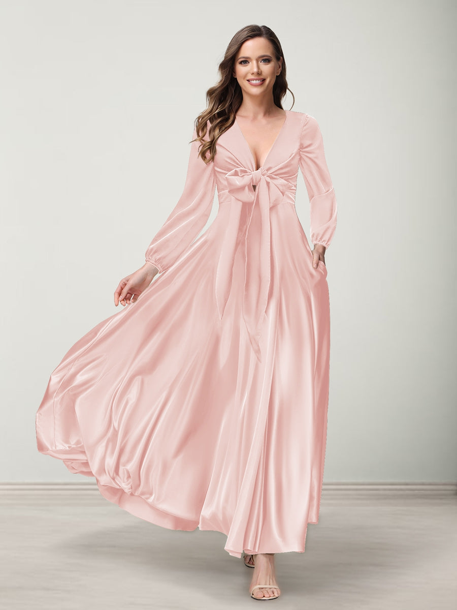 A-Line/Princess V-Neck Long Sleeves Bridesmaid Dresses with Pockets Blush Pink