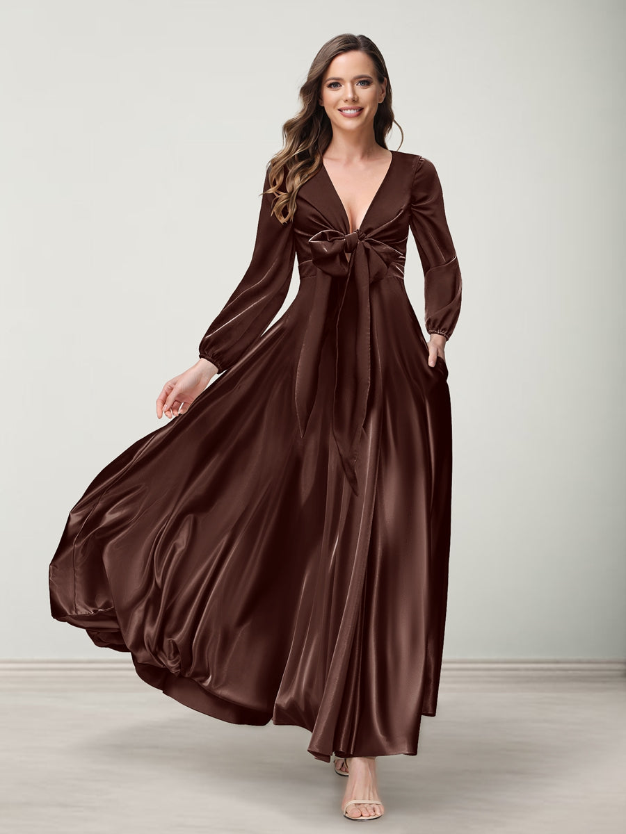 A-Line/Princess V-Neck Long Sleeves Bridesmaid Dresses with Pockets Brown