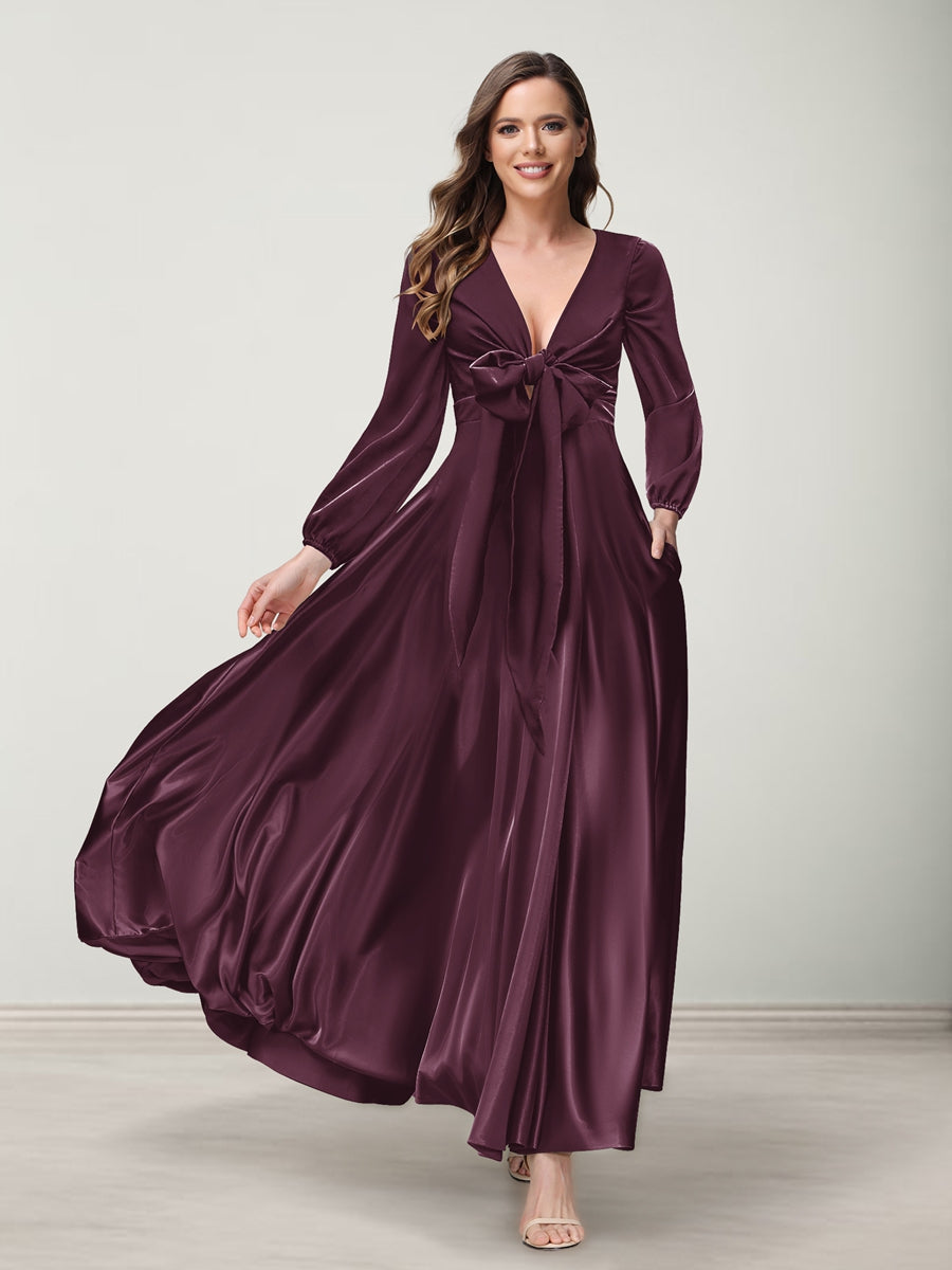 A-Line/Princess V-Neck Long Sleeves Bridesmaid Dresses with Pockets Burgundy