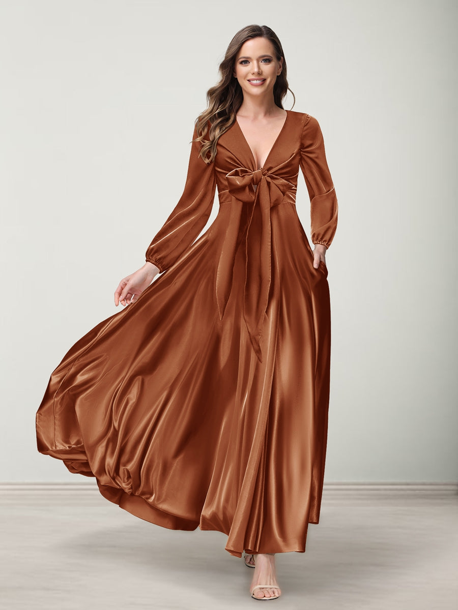 A-Line/Princess V-Neck Long Sleeves Bridesmaid Dresses with Pockets Burnt Orange