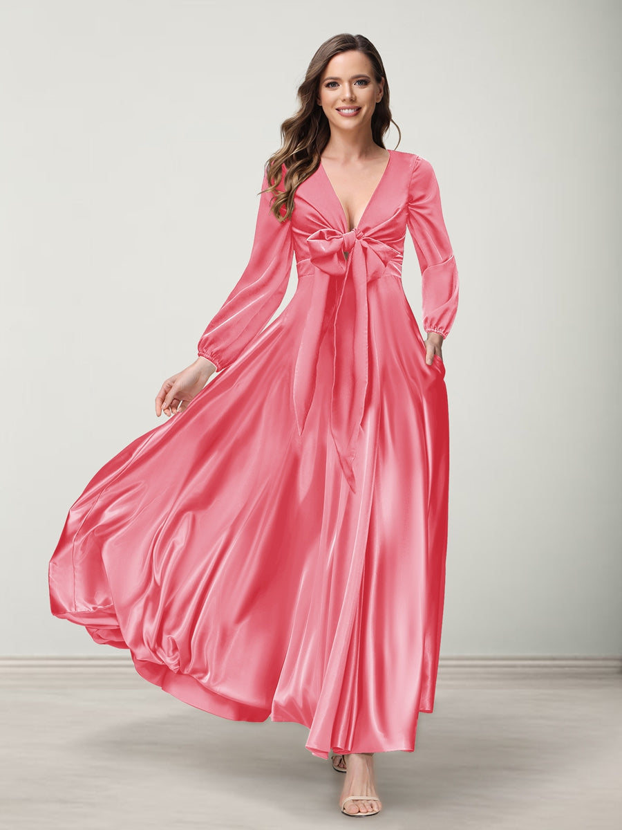 A-Line/Princess V-Neck Long Sleeves Bridesmaid Dresses with Pockets Coral