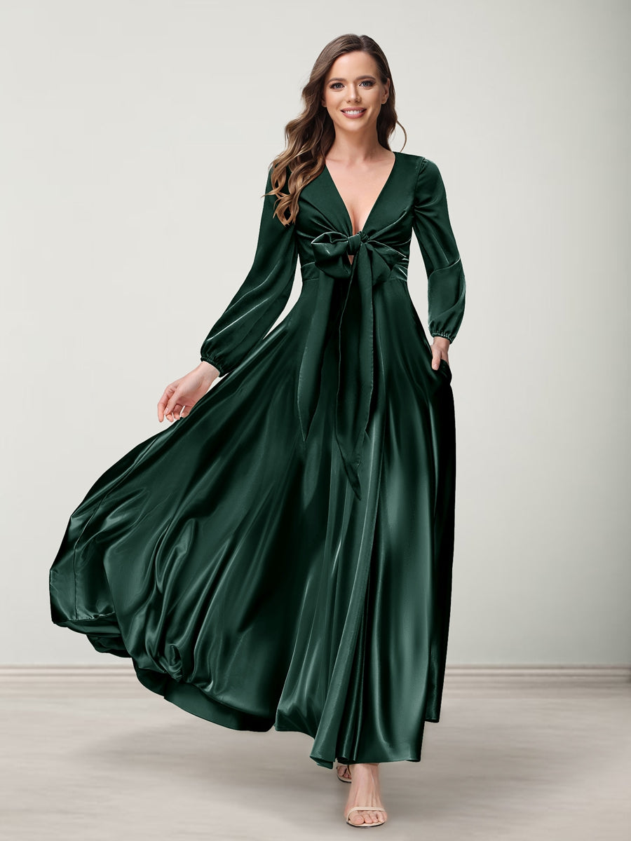 A-Line/Princess V-Neck Long Sleeves Bridesmaid Dresses with Pockets Dark Green
