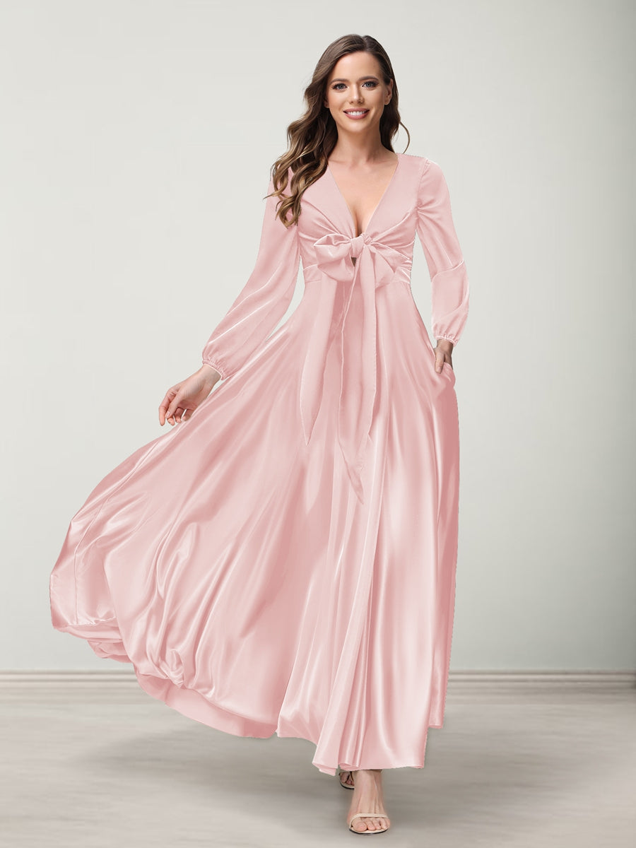 A-Line/Princess V-Neck Long Sleeves Bridesmaid Dresses with Pockets Dusty Pink