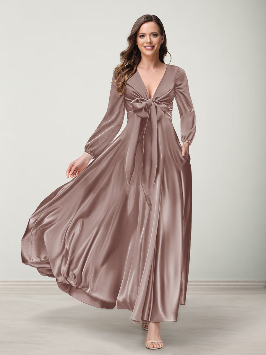 A-Line/Princess V-Neck Long Sleeves Bridesmaid Dresses with Pockets Dusty Rose