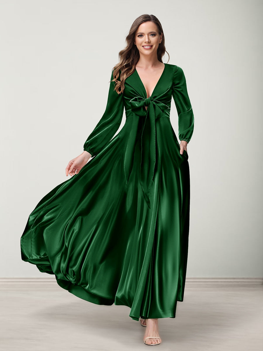 A-Line/Princess V-Neck Long Sleeves Bridesmaid Dresses with Pockets Emerald