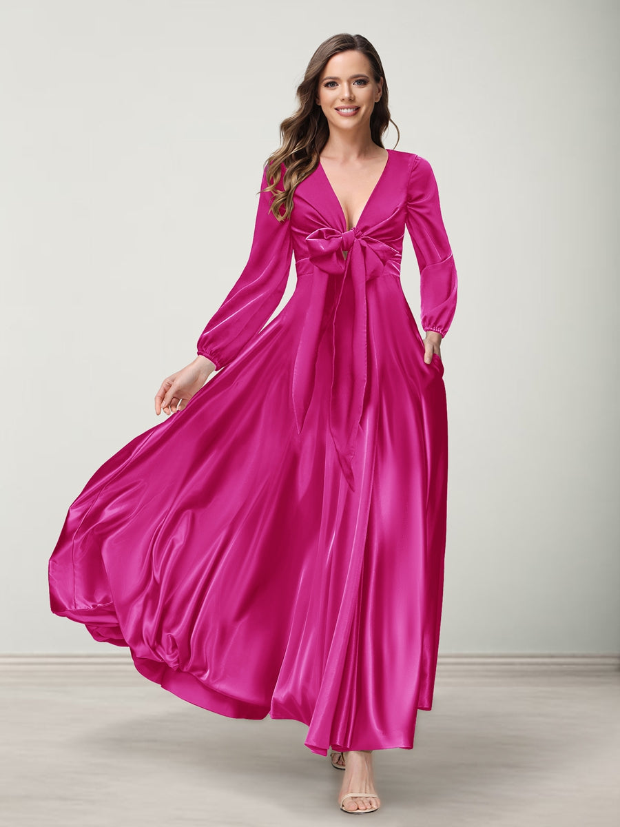 A-Line/Princess V-Neck Long Sleeves Bridesmaid Dresses with Pockets Fuchsia