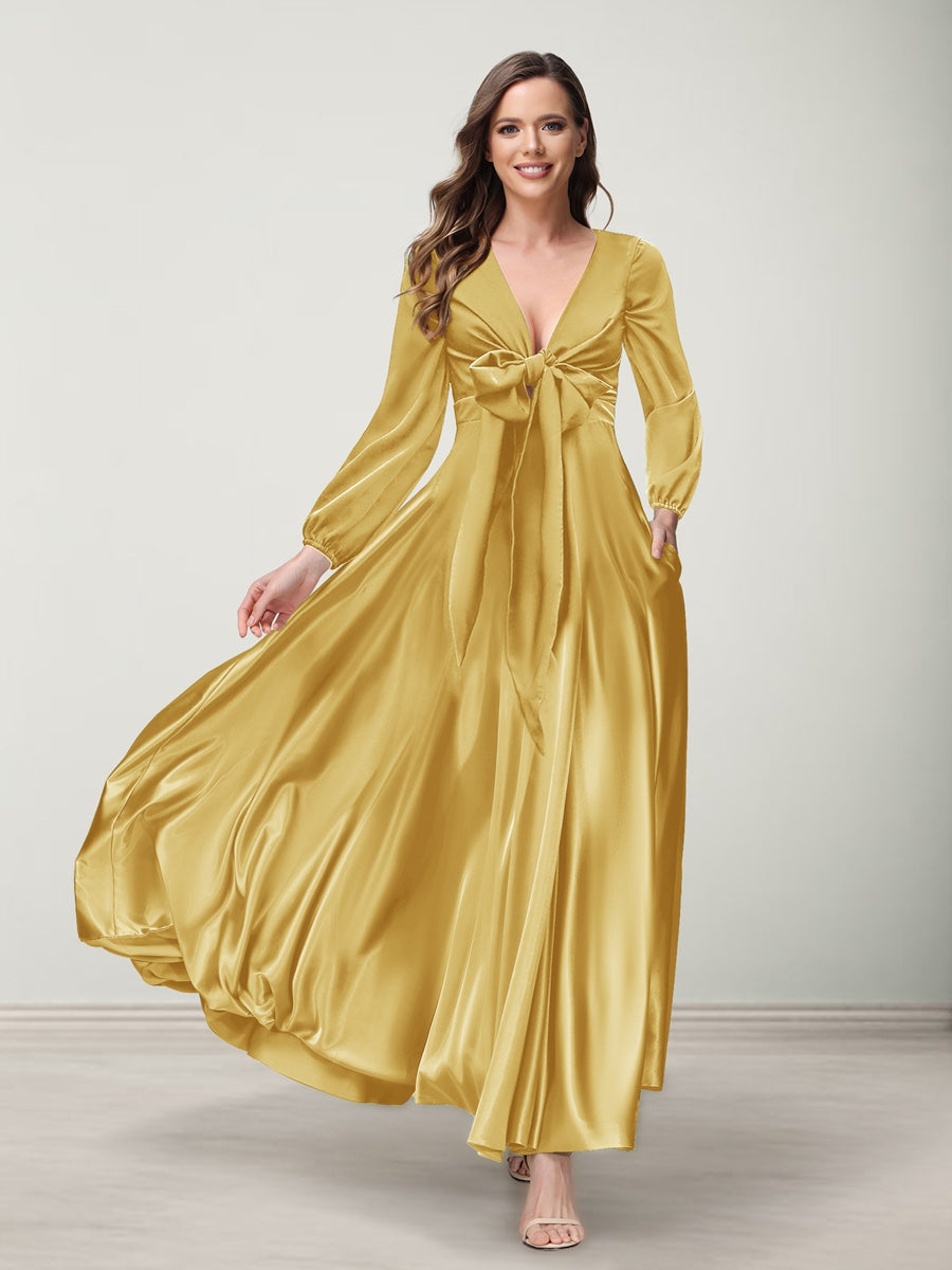 A-Line/Princess V-Neck Long Sleeves Bridesmaid Dresses with Pockets Gold