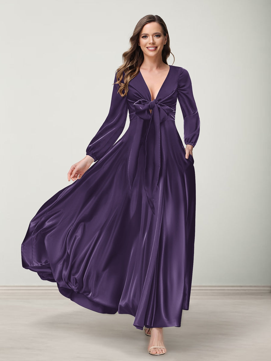 A-Line/Princess V-Neck Long Sleeves Bridesmaid Dresses with Pockets Grape