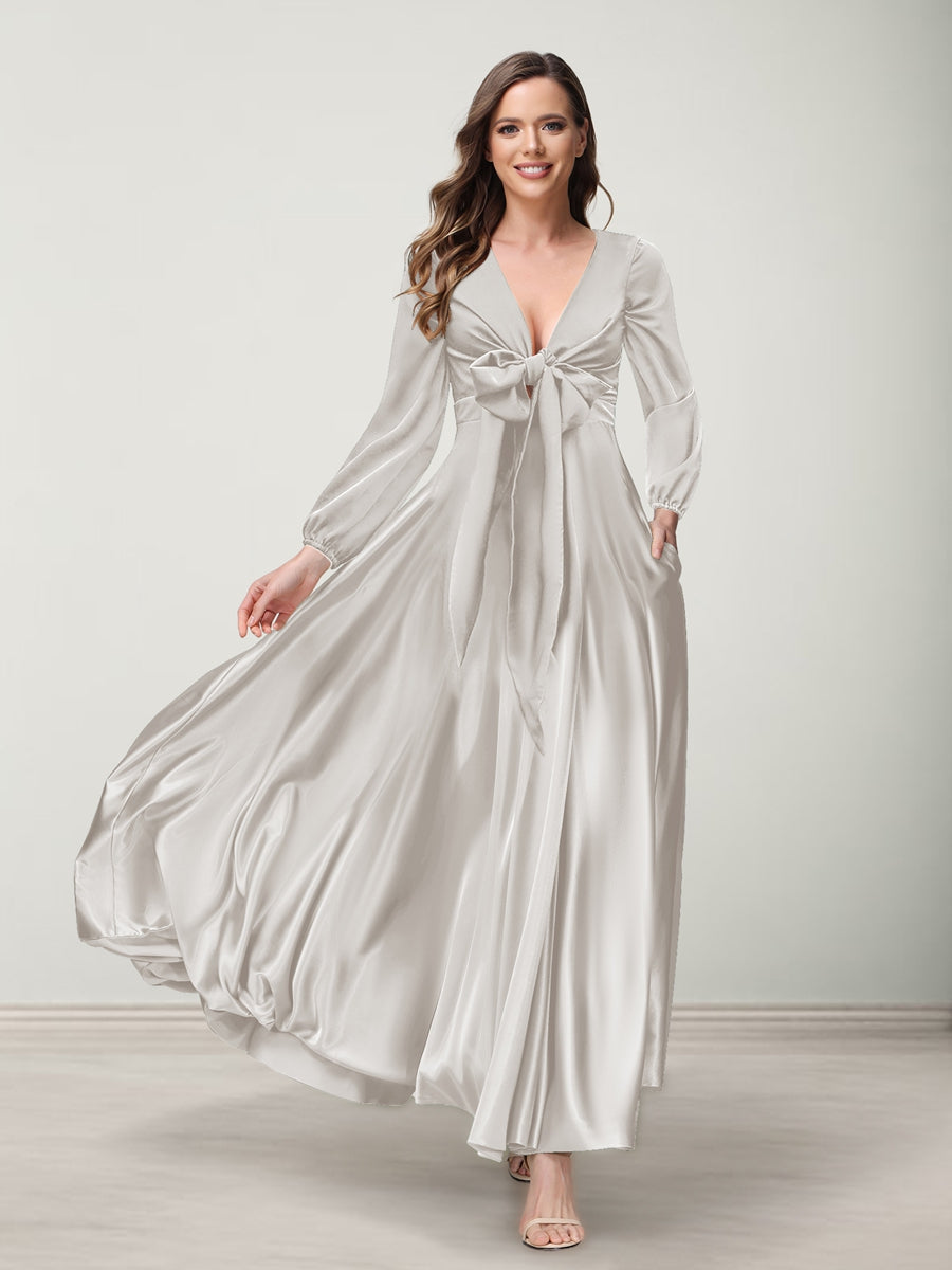 A-Line/Princess V-Neck Long Sleeves Bridesmaid Dresses with Pockets Ivory