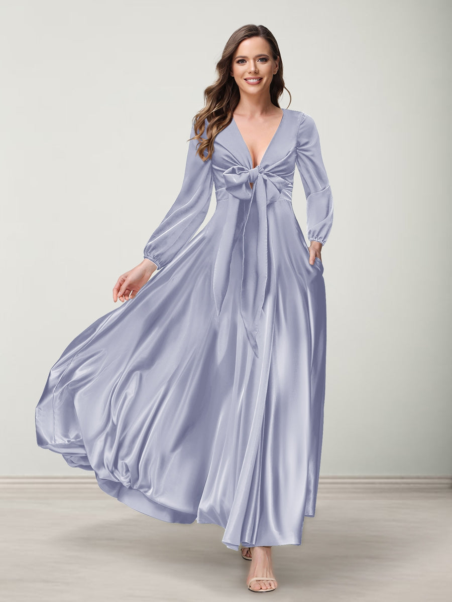 A-Line/Princess V-Neck Long Sleeves Bridesmaid Dresses with Pockets Lavender
