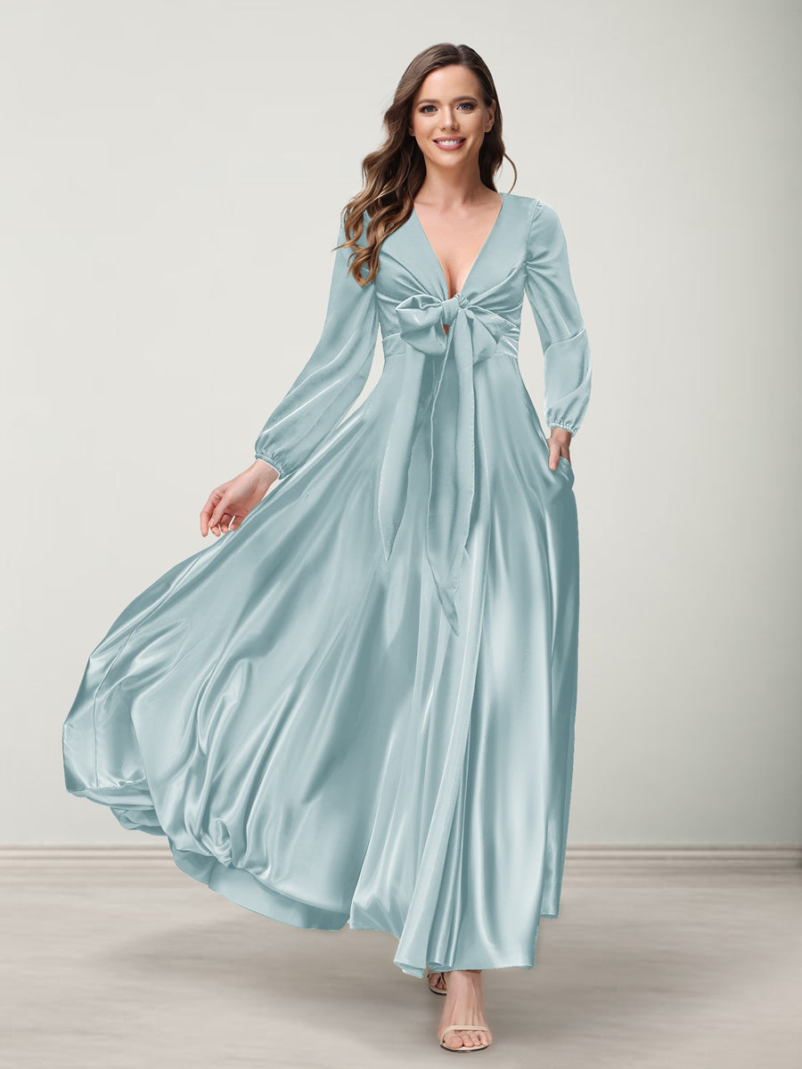 A-Line/Princess V-Neck Long Sleeves Bridesmaid Dresses with Pockets Light Blue