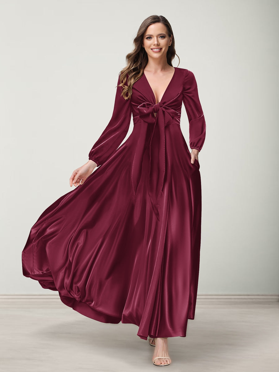 A-Line/Princess V-Neck Long Sleeves Bridesmaid Dresses with Pockets Light Burgundy