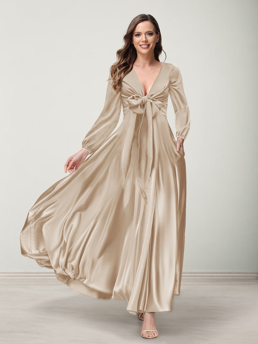 A-Line/Princess V-Neck Long Sleeves Bridesmaid Dresses with Pockets Light Champagne