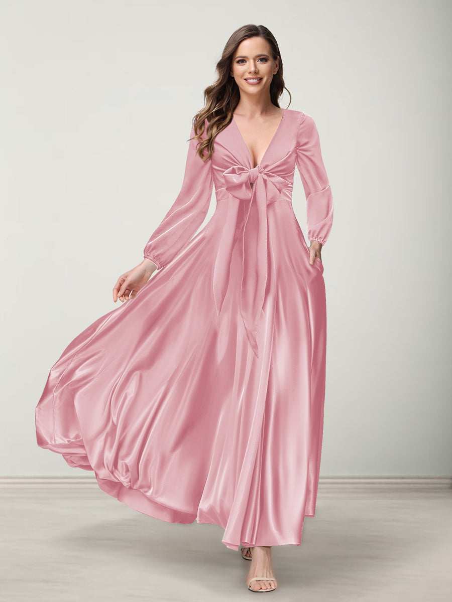 A-Line/Princess V-Neck Long Sleeves Bridesmaid Dresses with Pockets Light Pink